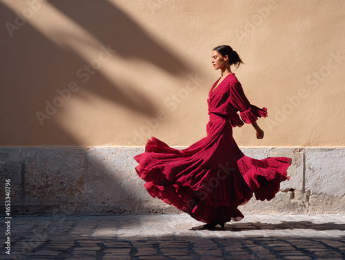 Elegant woman in flowing red dress dancing in sunlight. Represents passion, freedom, and vibrant culture. Ideal for travel, fashion, or lifestyle content.