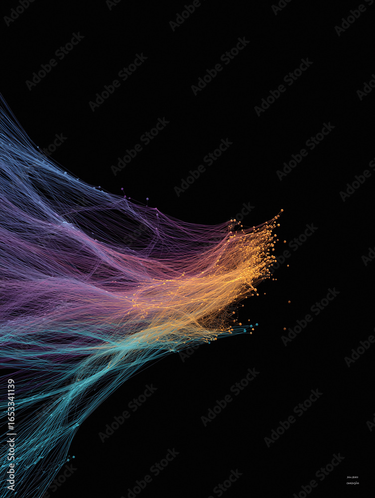 Naklejka premium Abstract visualization of interconnected data, featuring flowing lines and nodes. Illustrates networks, connectivity, complexity. Ideal for tech, science, or design concepts.