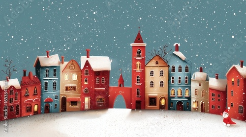 Wallpaper Mural wooden christmas village on blue and white snow background. Adorable illustration Torontodigital.ca