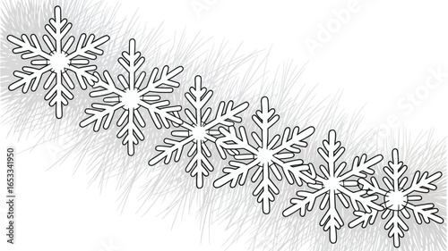 A row of outlined snowflakes with a white and gray background creating a wintery and festive design