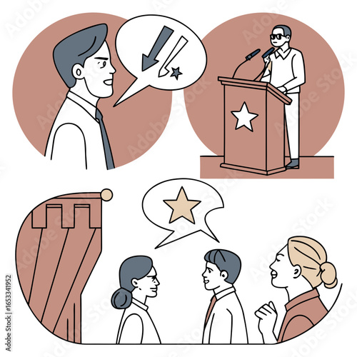 Illustration showing a politician giving a speech, and people talking about the speech and its impact on transparent background