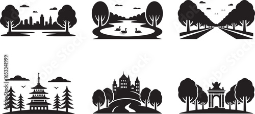 Silhouette Cityscapes and Landscapes Vector Art Collection Diverse Urban and Natural Scenes