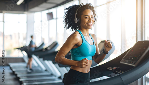 Happy young African American woman jogging on treadmill at modern gym, wearing headphones, healthy lifestyle concept.