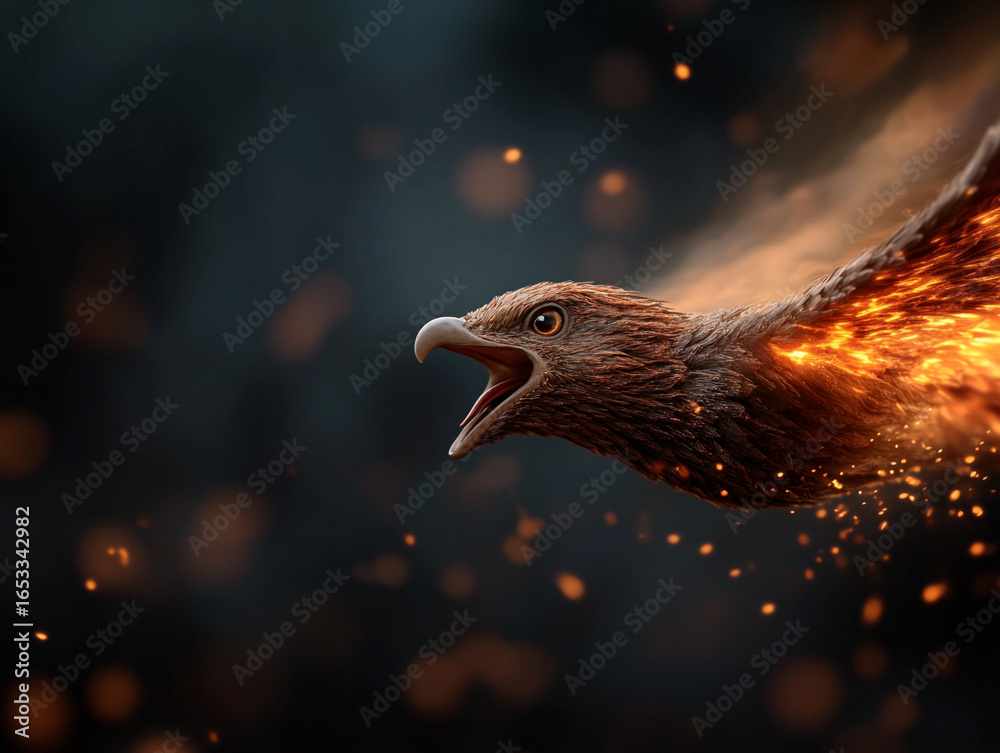 Obraz premium A 3D render of a mythical creature, such as a dragon or phoenix, with detailed scales or feathers and glowing embers emanating from its body.
