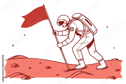 Astronaut planting flag on mars, space exploration and colonization