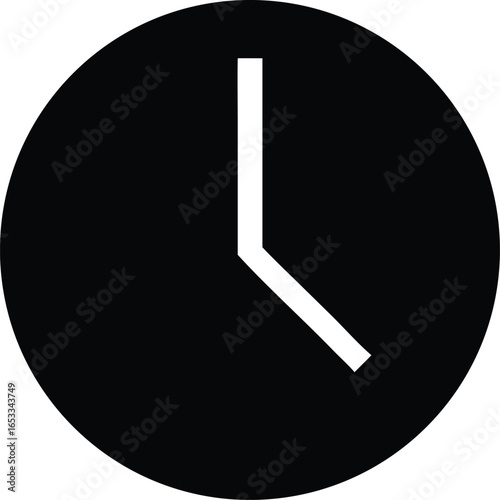 Black clock face with white hour and minute hands, symbolizing time passing and the concept of punctuality, isolated on white background