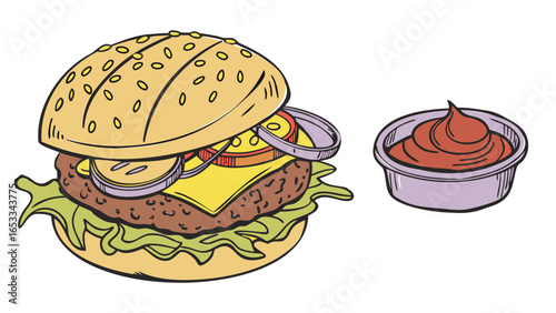 burger with ketchup, cheese, onion