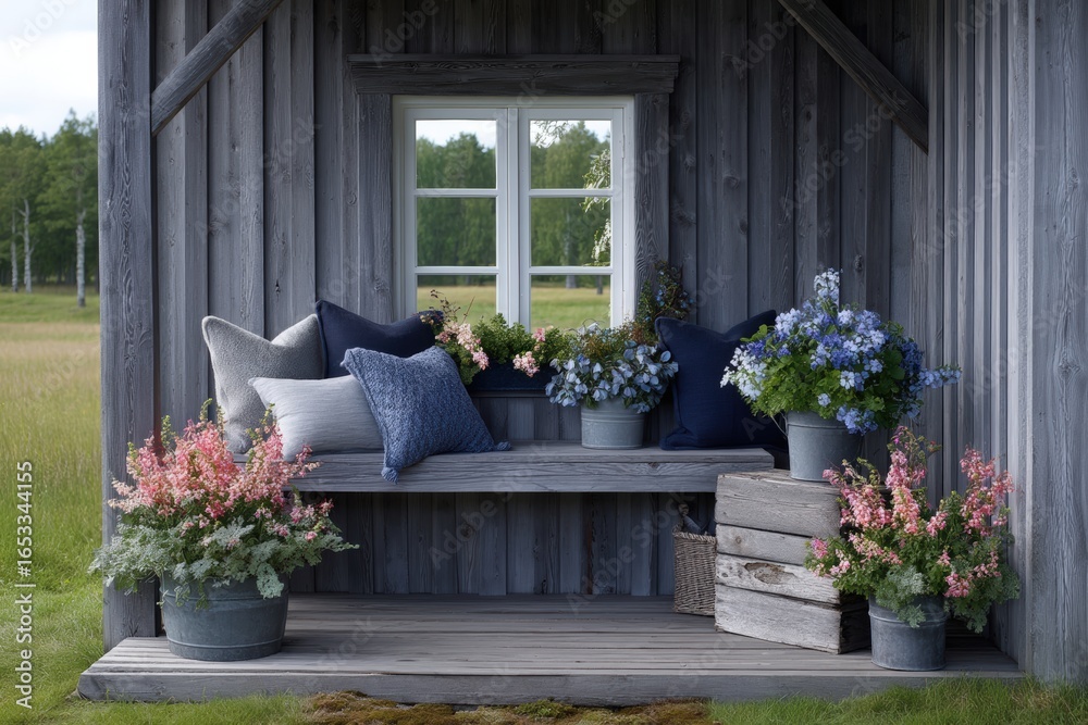 Fototapeta premium Rustic porch with flowers and pillows