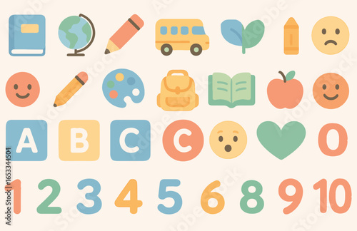 Early learning icons – flat style visuals for education, UI/UX, and presentations.Scalable flat icons designed for educators, app designers, and content creators. 