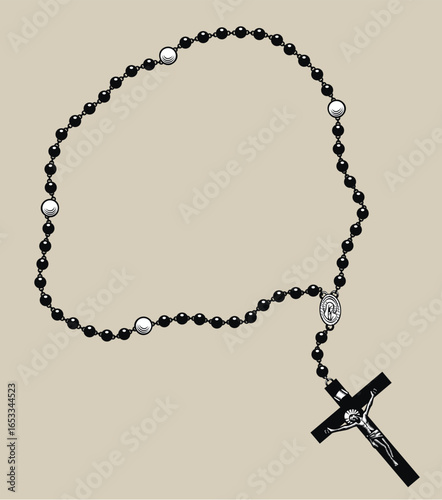 Prayer beads with and a black cross with the crucifixion. Drawing in vintage black and white engraving style. Vector illustration