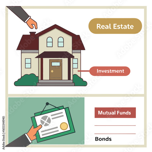 Illustration showing real estate investment with a house and mutual funds and bonds with a document held up on transparent background