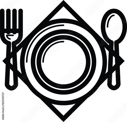 lat Vector Icon of Dining Plate with Fork and Spoon for Restaurant or Food Service Design