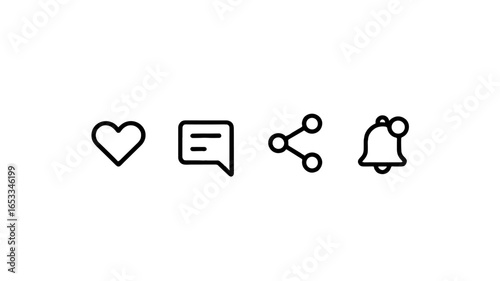 Set of four minimalistic icons representing a like button, comment bubble, share icon, and a notification bell.