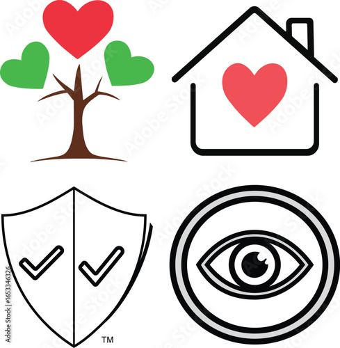 Vector art of set of icons representing home, family, health, protection, and surveillance