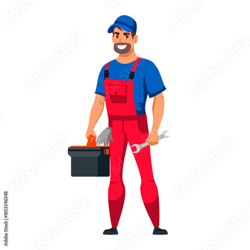 The Mechanic: A skilled mechanic stands confidently, holding a toolbox and a wrench. Ready to diagnose and repair, his smile reflects his expertise and readiness to tackle any mechanical challenge.