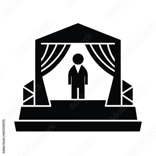 Vector art of silhouette of a person standing a stage with curtains, isolated