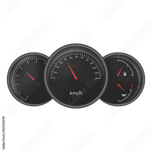 Dashboard Gauges in Motion: A sleek and modern dashboard display featuring speedometer, tachometer and fuel gauge. the instruments reflect driving speed, engine performance, and fuel levels.