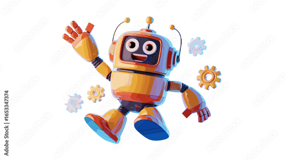 Fototapeta premium A cheerful and friendly robot waving hello, surrounded by gears.