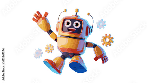 A cheerful and friendly robot waving hello, surrounded by gears.