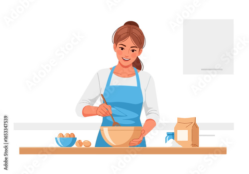 Woman in apron mixing ingredients in bowl for baking in kitchen.