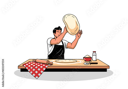 A chef preparing pizza dough, tossing it in the air, with ingredients and tools on a table.