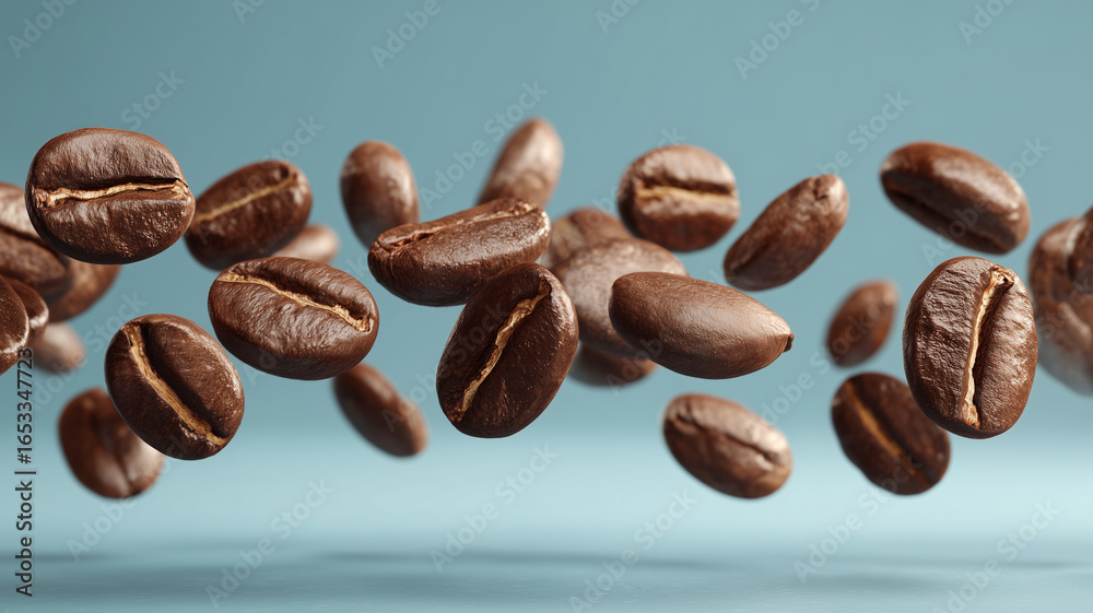 Obraz premium Floating Coffee Beans on a Blue Background