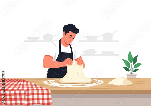 Man kneading dough on a wooden table in a kitchen, preparing food.