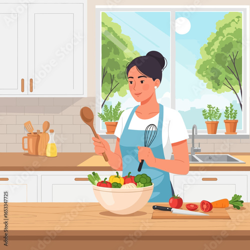 Woman preparing a healthy salad in a bright, modern kitchen with fresh ingredients.