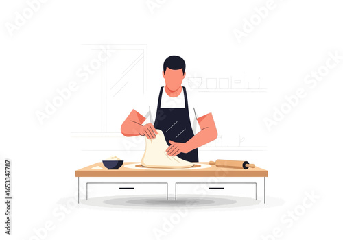 Man kneading dough on a table in the kitchen, preparing food.