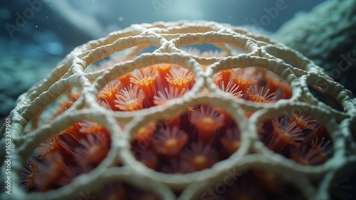 Intricate coral structure with vibrant orange polyps visible within its honeycomb like skeleton