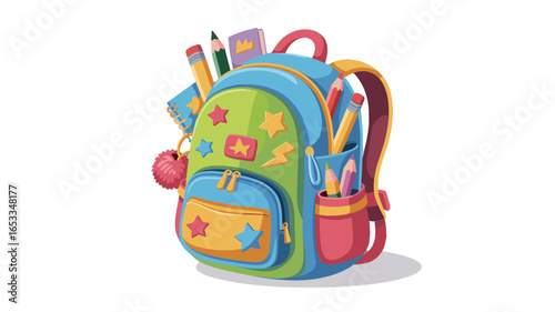 A colorful backpack filled with school supplies.