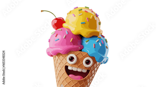 A fun and delicious ice cream cone with multiple scoops and a cheery smile.