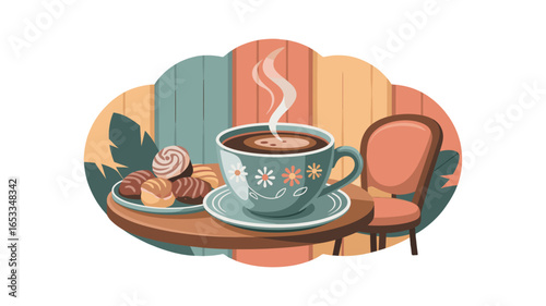 A tranquil illustration of coffee and pastries laid out invitingly on a table.
