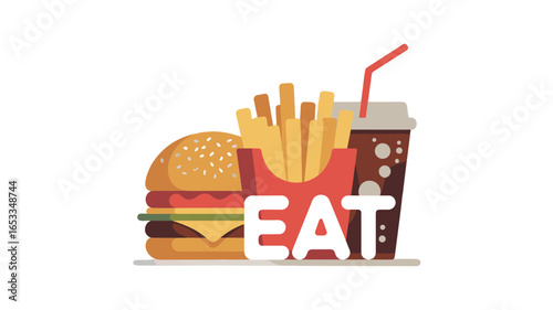 A visually appealing illustration of fast food including a burger, french fries, and a drink.