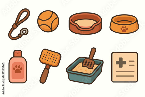 Essential pet care items: leash, toy, bed, bowl, shampoo, brush, litter box, document