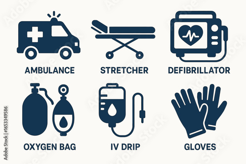 Medical emergency icons: ambulance, stretcher, defibrillator, oxygen bag, iv drip, gloves