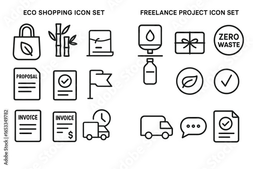 Eco shopping and freelance project black outline icon set for sustainable lifestyle
