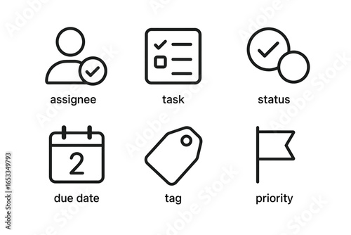 Task management icons: assignee, task, status, due date, tag, priority symbols