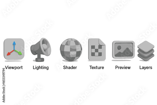 3d software interface icons including viewport, lighting, shader, texture, preview, and layers