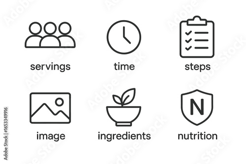 Recipe icon set: servings, time, steps, image, ingredients, nutrition