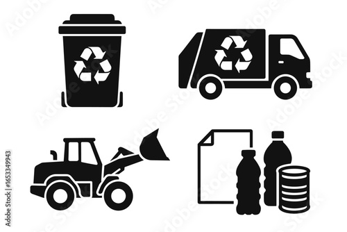 Recycling icons: bin, truck, bulldozer, plastic bottles, and paper