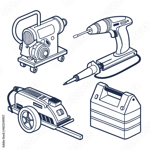 Illustration of a set of construction tools including a drill, toolbox, generator and a sander tool on transparent background