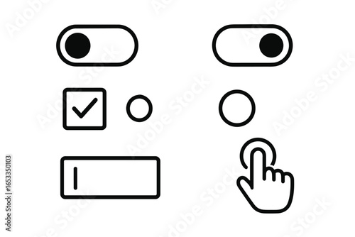 Minimalistic ui elements: toggle switches, checkboxes, radio buttons, input field, hand cursor icon