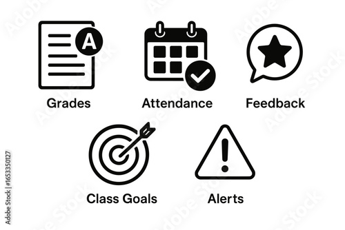 Education icons: grades, attendance, feedback, class goals, alerts