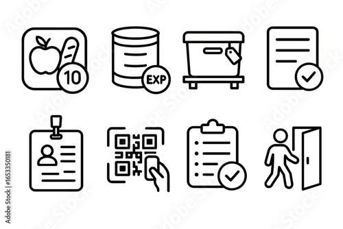 Line icons: food rating, expiration date, storage, checklist, id, qr code, task list, exit
