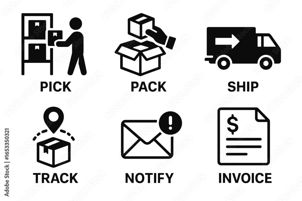 Logistics icons: pick, pack, ship, track, notify, invoice for workflow efficiency Logistics icons: pick, pack, ship, track, notify, invoice for workflow efficiency