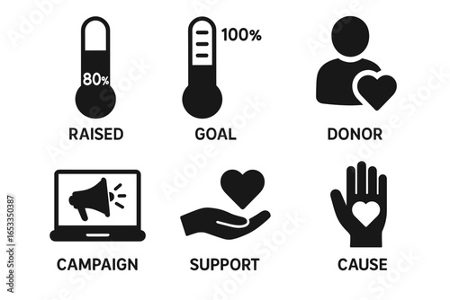 Charity icons: fundraising goal, donor support, campaign cause symbols