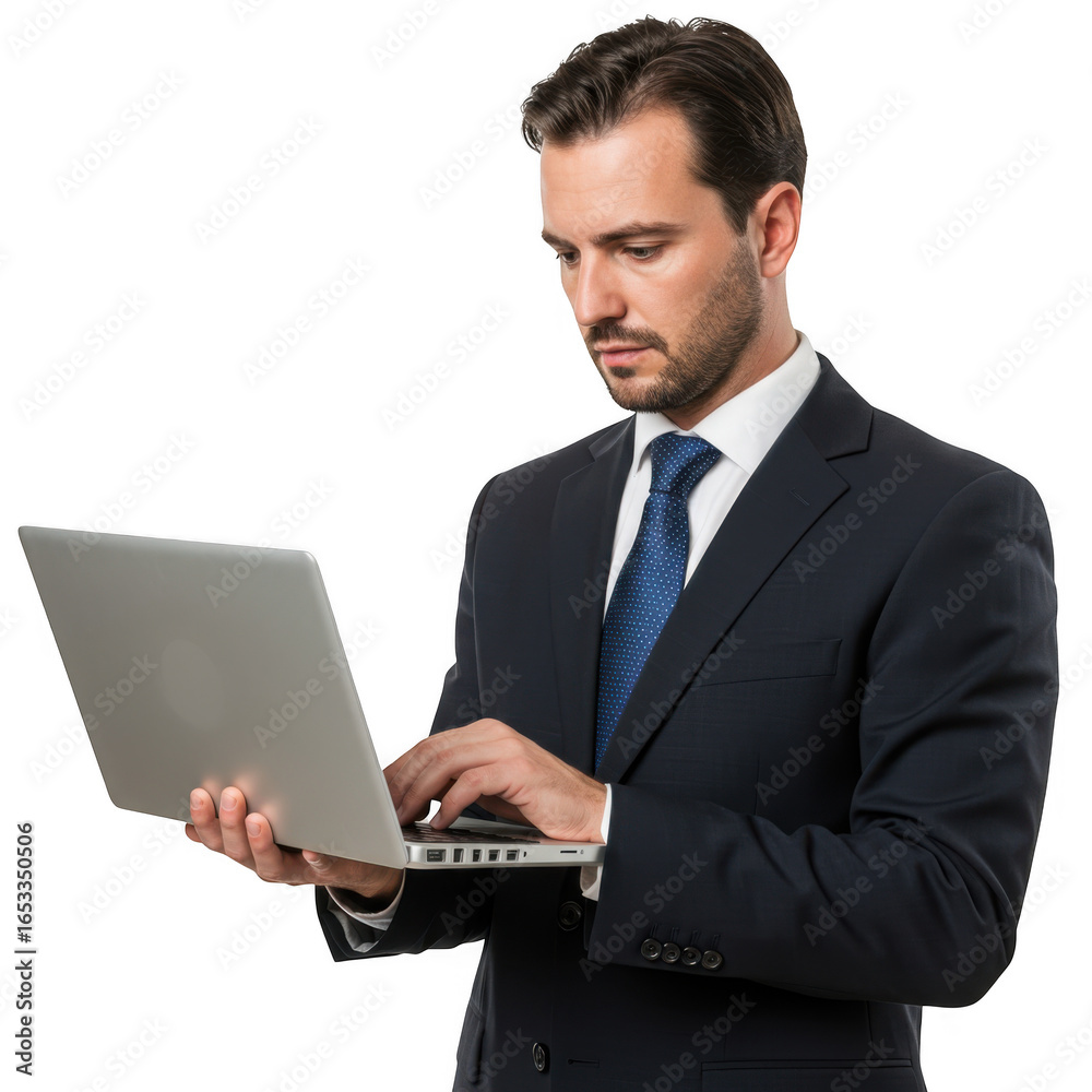 Professional businessman focused on laptop screen working on a project with a serious expression isolated on transparent background Professional businessman focused on laptop screen working on a project with a serious expression isolated on transparent background