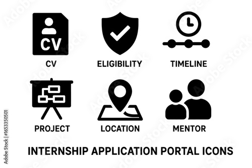 Internship application portal icons: cv, eligibility, timeline, project, location, mentor
