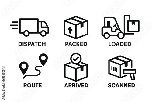 Delivery process icons: dispatch, packed, loaded, route, arrived, scanned